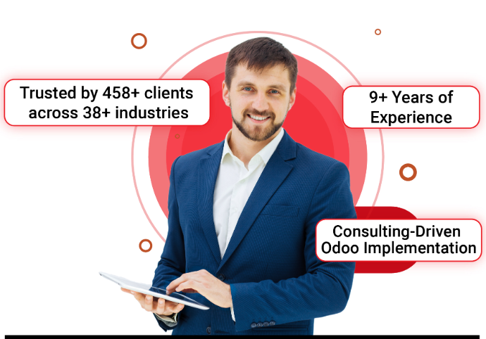 Odoo consulting company hero banner showing business consultant with tablet, trusted by 458+ clients in 38+ industries, 9+ years of experience, consulting‑driven Odoo implementation services.